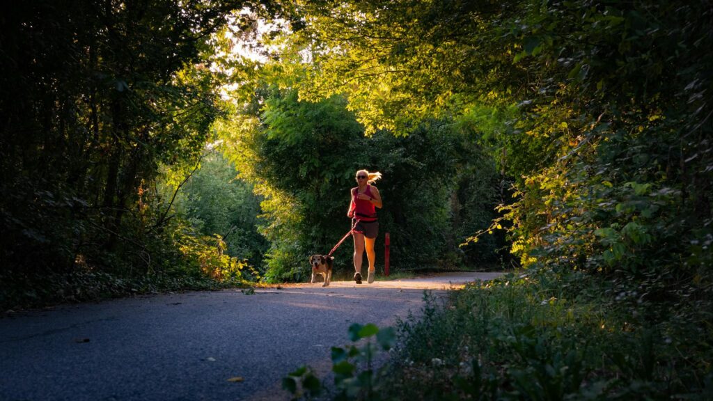 Woman jogging with her dog on a forest path, surrounded by lush greenery.